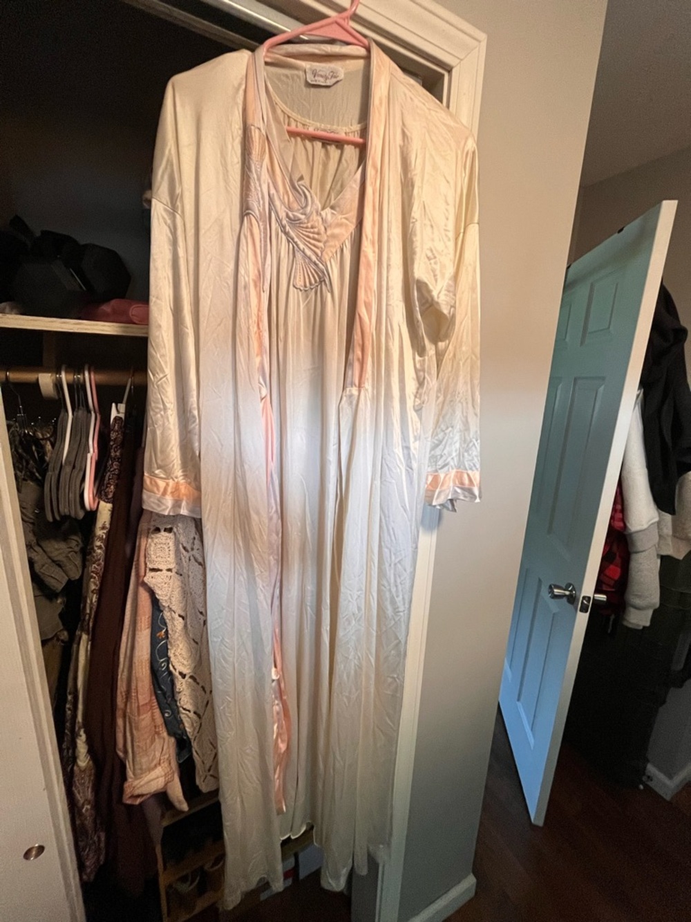 VINTAGE Vanity Fair Ivory Satin Long Robe and Nightgown Set with Blush Trim